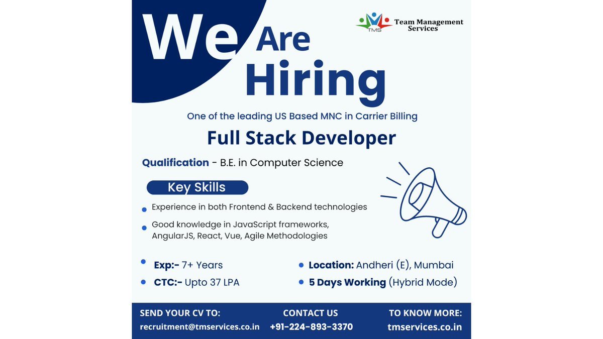 Calling all Full Stack Developers! Ready for your next challenge? Join our team and let's innovate together! 

tmservices.co.in | recruitment@tmservices.co.in | 8976709218 – 7738162338

#tms #hrmode #hr #hrservices #hroutsourcing #hrsolutions #mumbai #tuesday #job #techjob