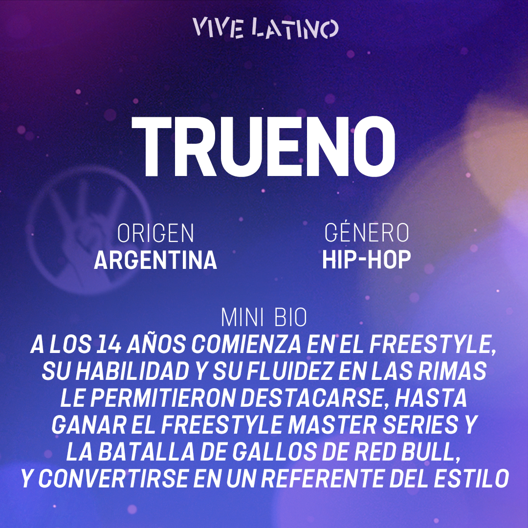 ⚡️@trueno es la figura central de la nueva corriente del rap y el hip-hop a nivel iberoamericano. 🫡 Comenzó su carrera en las batallas de freestyle a los 14 años y saltó a la palestra tras grabar sus sesiones con Bizarap.

📅 6 de sept en #VLE24 🎫 vivelatino.es
