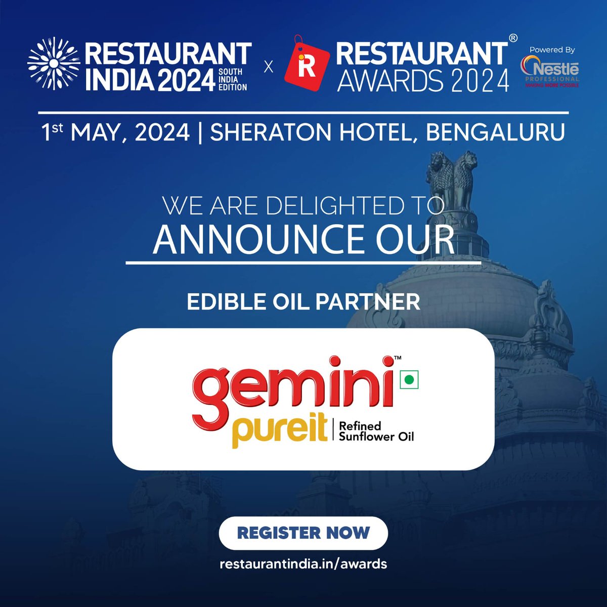 We are delighted to announce Gemini Pureit as our Edible Oil Partner at Restaurant India 2024 South India Edition x Restaurant Awards 2024

1st May 2024, Hotel Sheraton Grand, Brigade Gateway, Bengaluru

Register Now: rb.gy/k3q5yf

#RA2024 #GeminiPureit #SunflowerOil
