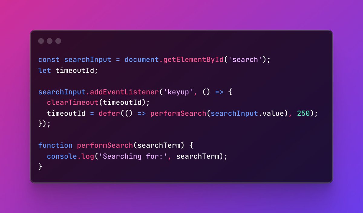 #JavaScript devs, Your way to smoother user experiences!  𝐝𝐞𝐟𝐞𝐫 is a handy function that delays actions until the right moment, preventing unnecessary work and keeping your app responsive.

Reply below for a deeper dive into 𝐝𝐞𝐟𝐞𝐫
#WebDev #developers #FrontEndDeveloper