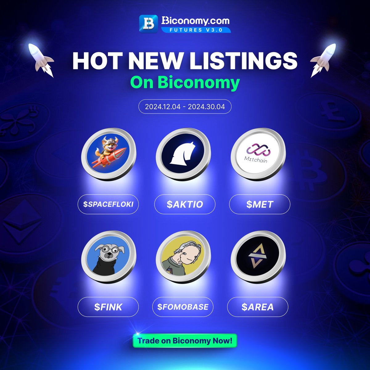 Hot new listings on #Biconomy 🔥 🌟 Retweet this post and Like! 🌟 Tag 3 friends! 🌟 Drop a comment: Which one of these tokens is your favorite? $SPACEFLOKI > @SpaceFlokiSol $AKTIO > @Rayn_app $MET > @MetChain_tech $FINK > @finkdifferentio $FOMOBASE > @FomoBase $AREA >…