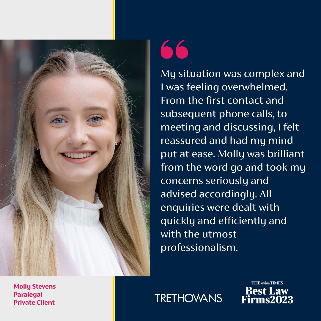 👏Well done to Molly Stevens, Paralegal in our Private Client team, for this fantastic testimonial.👏

#TestimonialTuesday #Trethowans #Lawasitshouldbe #UKLawFirm #Solicitor #UKLawyer #LegalProfession #Southampton #Winchester #Poole #Bournemouth #Salisbury