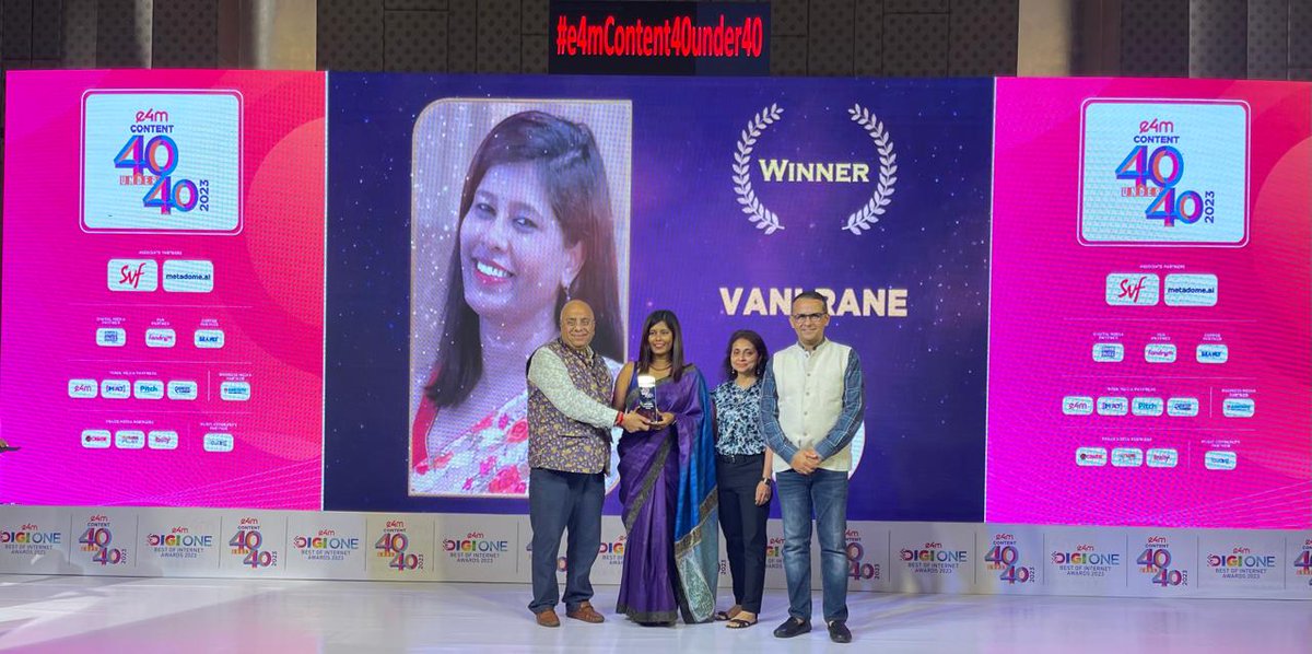 The #e4mContent40Under40 Awards honour individuals who have significantly shaped the Content Marketing industry!👏 
Many Congratulations #VaniRane , Creative Head - Network Branded Content , @Viacom18Studios on winning the prestigious title.🏆

#e4mAwards #Content40Under40