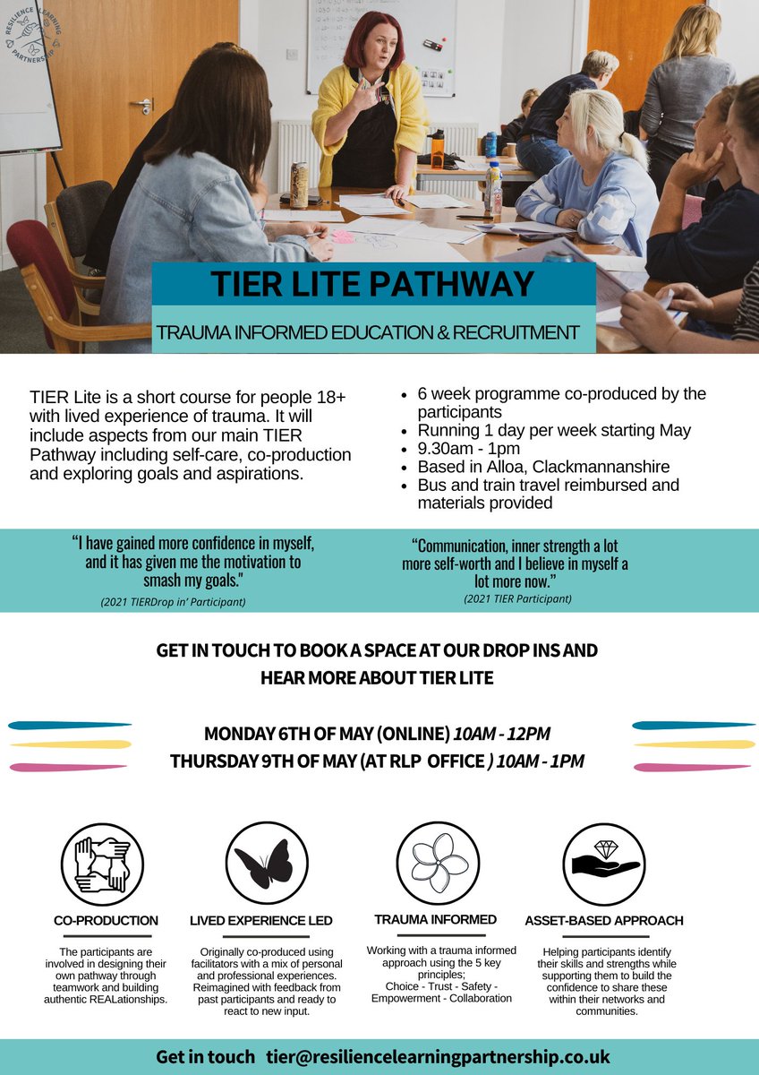 Do you have lived experience of psychological trauma or work with people who do? Our TIER Lite 6-week programme could be just the place!

Join one of drop-in sessions to find out more:
Monday 6th May 10am-12noon (ONLINE)
Thursday 9th May 10am-1pm (RLP HQ)