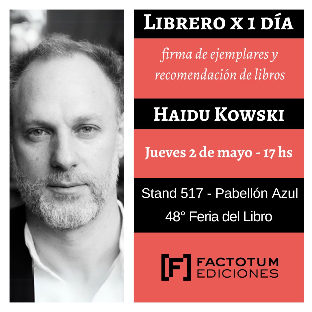 Este jueves soy "librero x 1 día" en la <a href="/ferialibro/">Feria del Libro</a> Stand 517 Pabellón Azul <a href="/factotumed/">Factotum ediciones</a> recomendando libros, tirando apocalipsis y monte con Ya no hay afuera #Yanohayafuera
A partir de las 17hs 

¡Vengan a hacer el aguante!
¡Llevo regalos!