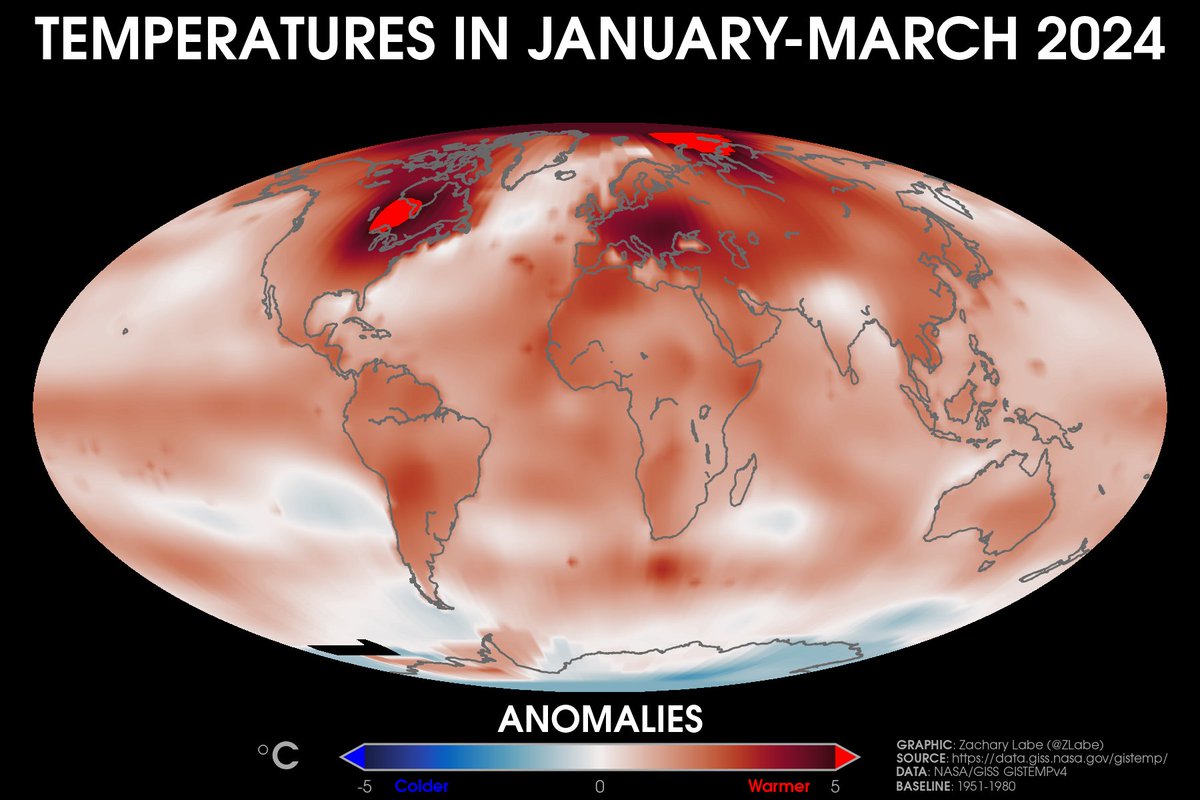 Temperature departures over the first quarter of 2024... 🔴 - warmer than average 🔵 - colder than average Questions about the data: data.giss.nasa.gov/gistemp/faq/. Code for the data: data.giss.nasa.gov/gistemp/source…