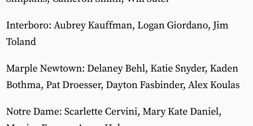 Congrats to our All Delco Swim and dive athletes! Honorable Mention: Delaney Behl, Katie Snyder, Kaden Bothma, Pat Droesser, Dayton Fasbinder and Alex Koulas! Great work! Tiger Pride @marplenewtown @boutadivein @DTMattSmith @MBarkannNBCS @DelcoSports @sportsdoctormd @BillMaas