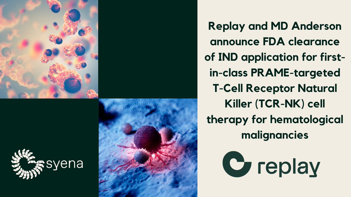 AdrianWoolfson (@adrianwoolfson) on Twitter photo Happy to report that <a href="/replaybio/">Replay</a> & <a href="/MDAndersonNews/">MD Anderson Cancer Center</a> received <a href="/US_FDA/">U.S. FDA</a> clearance for the IND application of our first-in-class PRAME TCR-NK cell therapy PRAME TCR/IL-15 NK platform for #AML #MDS and #MultipleMyeloma, developed by our product company, #Syena.
replay.bio/news/replay-an… Happy to report that <a href="/replaybio/">Replay</a> & <a href="/MDAndersonNews/">MD Anderson Cancer Center</a> received <a href="/US_FDA/">U.S. FDA</a> clearance for the IND application of our first-in-class PRAME TCR-NK cell therapy PRAME TCR/IL-15 NK platform for #AML #MDS and #MultipleMyeloma, developed by our product company, #Syena.
replay.bio/news/replay-an…