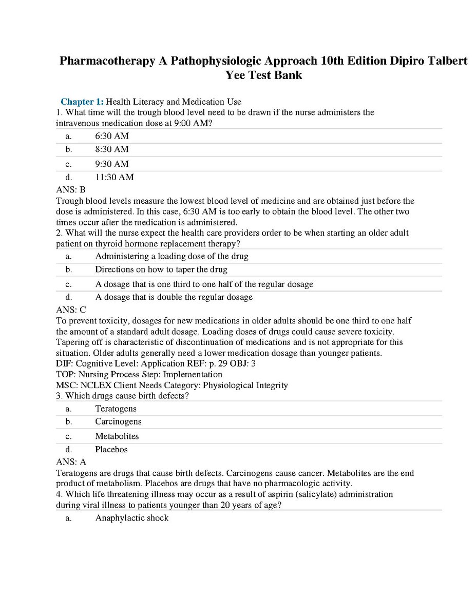 Pharmacotherapy A Pathophysiologic Approach 10th Edition Dipiro Talbert Yee Test Bank Chapter 1: Health Literacy and Medication Use
hackedexams.com/item/7479/phar…
#Pharmacotherapy #Pathophysiologic #TestBank #HealthLiteracy #hackedexams