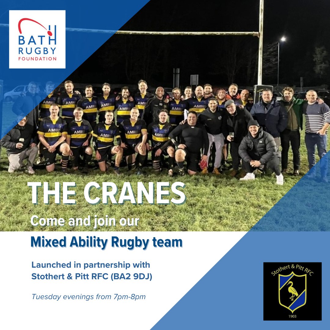 We have welcomed our newest Mixed Ability Rugby partners, The Cranes. Teaming up with Stothert & Pitt RFC, we're creating an inclusive rugby experience. Contact Jack.hill@bathrugbyfoundation.com. Let's break barriers with Mixed Ability Rugby!🏉 🗓️Training every Tuesday, 7-8pm🗓️