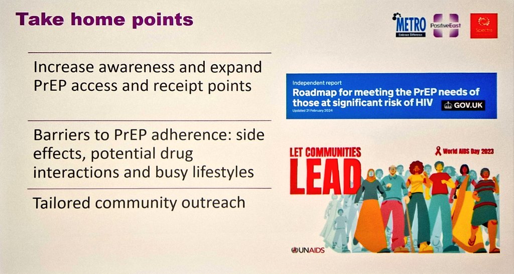 Excellent abstract #bhiva24 from Renee West presenting work from @Spectra_London @METROCharity @PositiveEast on PrEP awareness, adherence & use in 3 minority population groups in London. Ends with a quote from @Winnie_Byanyima of @UNAIDS 'LET COMMUNITIES LEAD!'