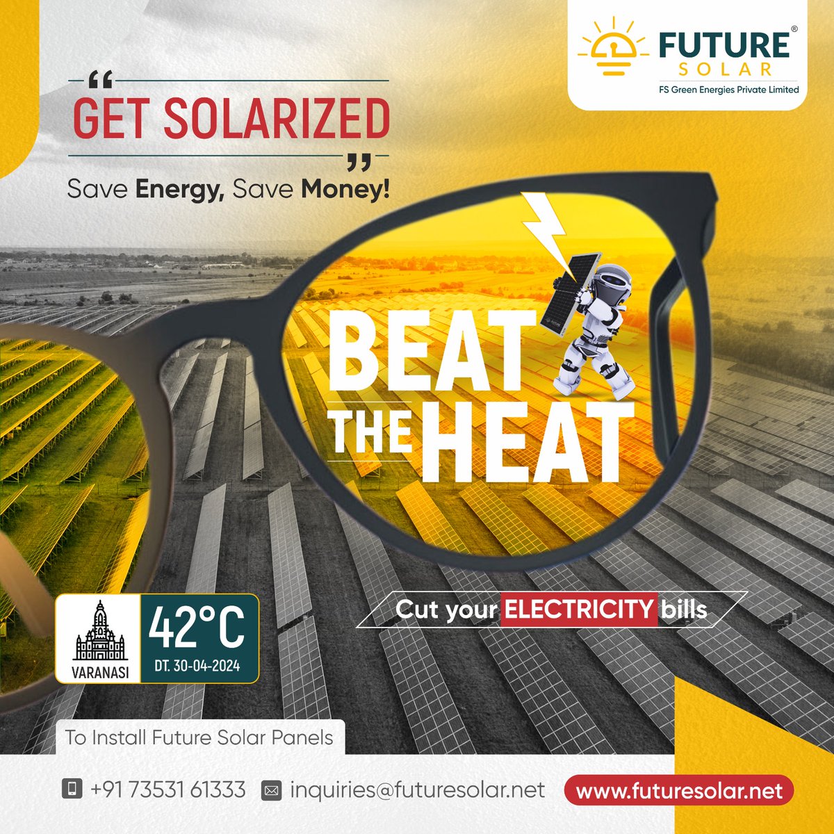 #Beattheheat with Future Solar panels. Varanasi temperature soaring to 42 degree celsius today.
Cut your electric bills by installing solar panels. Get Solarized and Save Money.FutureSolar #SolarEnergy #CleanTech #Renewables