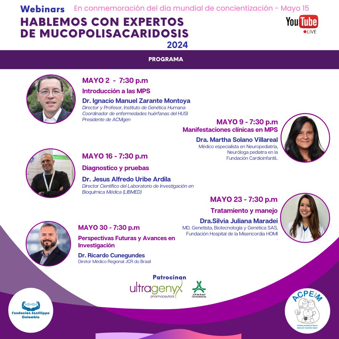 Charlas en Conmemoración al Día Mundial de Concienciación sobre Mucopolisacaridosis*. Mayo 2 - 7:30 PM Introducción a las MPS's. Dr. Ignacio Zarante Presidente @acmgencol Suscríbete al canal de Youtube youtube.com/channel/UCJLQF… #MPSAwareness #MPSDay #ConcienciaMPS