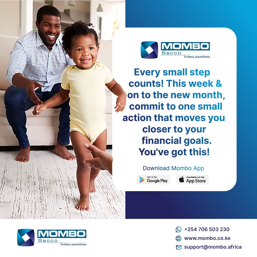 Baby Steps to Big Dreams!✨Don't be intimidated by your financial goals. 💸  

Start small this week with one action on your Mombo Sacco app - pack your lunch, track your spending, or set a savings target. Even small steps lead to big results!🚶💯

#MomboSupport #FinancialJourney