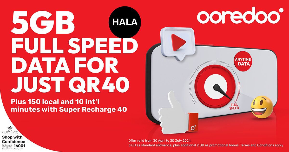 🔴 Reach out to your loved ones more with the Hala Super 40! This package keeps you covered for 30 days with 5 GB of data, 150 local minutes, and 10 international minutes for only QR40. Offer valid until 30 July 2024. Recharge Now ooredoo.qa/web/en/prepaid… T&Cs #UpgradeYourWorld