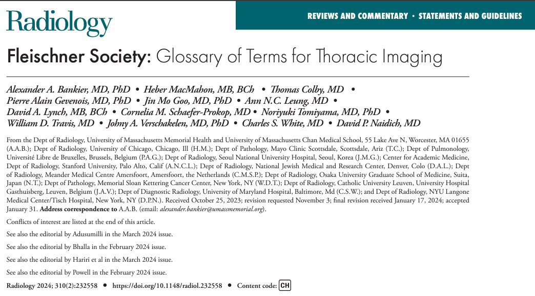 🤖📣 ¡Atención radiólogos y @Residentesseram! 🎓🔬 La Sociedad Fleischner acaba de actualizar su glosario de términos de imagen torácica! doi.org/10.1148/radiol…
Un recurso clave para estandarizar la terminología y mejorar la comunicación entre especialistas. Va hilo!🧵 
#FOAMrad
