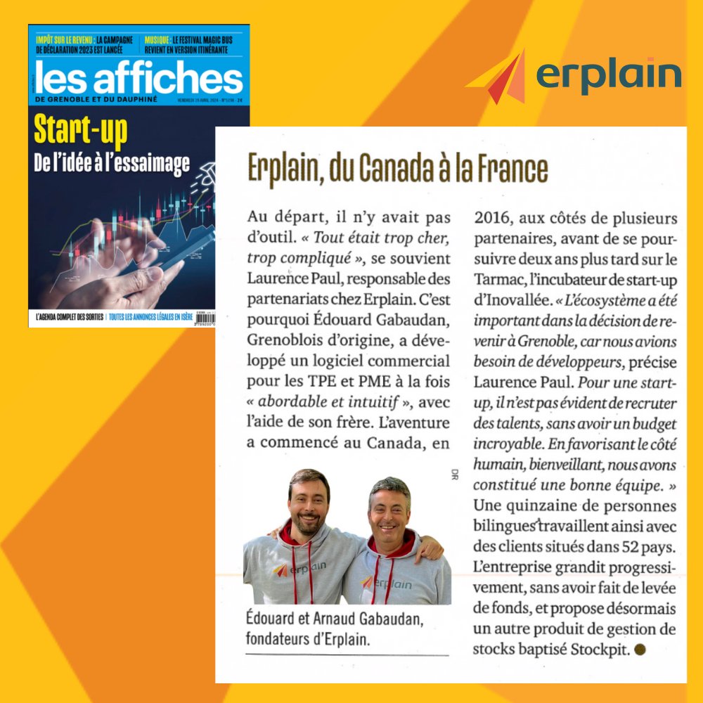 Erplain (@erplainapp) on Twitter photo Erplain est dans <a href="/LesAffiches38/">Les Affiches de Grenoble et du Dauphiné</a> ! 📰
L’histoire de la création d’Erplain, c'est :
👬 Un projet lancé par deux frères passionnés de technologie
🍁 Au Canada puis à Grenoble au cœur d’<a href="/inovallee/">inovallée technopole</a> et du Tarmac
🧑🚀 Notre stratégie de croissance en #Bootstrap et basée sur l’humain ! Erplain est dans <a href="/LesAffiches38/">Les Affiches de Grenoble et du Dauphiné</a> ! 📰
L’histoire de la création d’Erplain, c'est :
👬 Un projet lancé par deux frères passionnés de technologie
🍁 Au Canada puis à Grenoble au cœur d’<a href="/inovallee/">inovallée technopole</a> et du Tarmac
🧑🚀 Notre stratégie de croissance en #Bootstrap et basée sur l’humain !