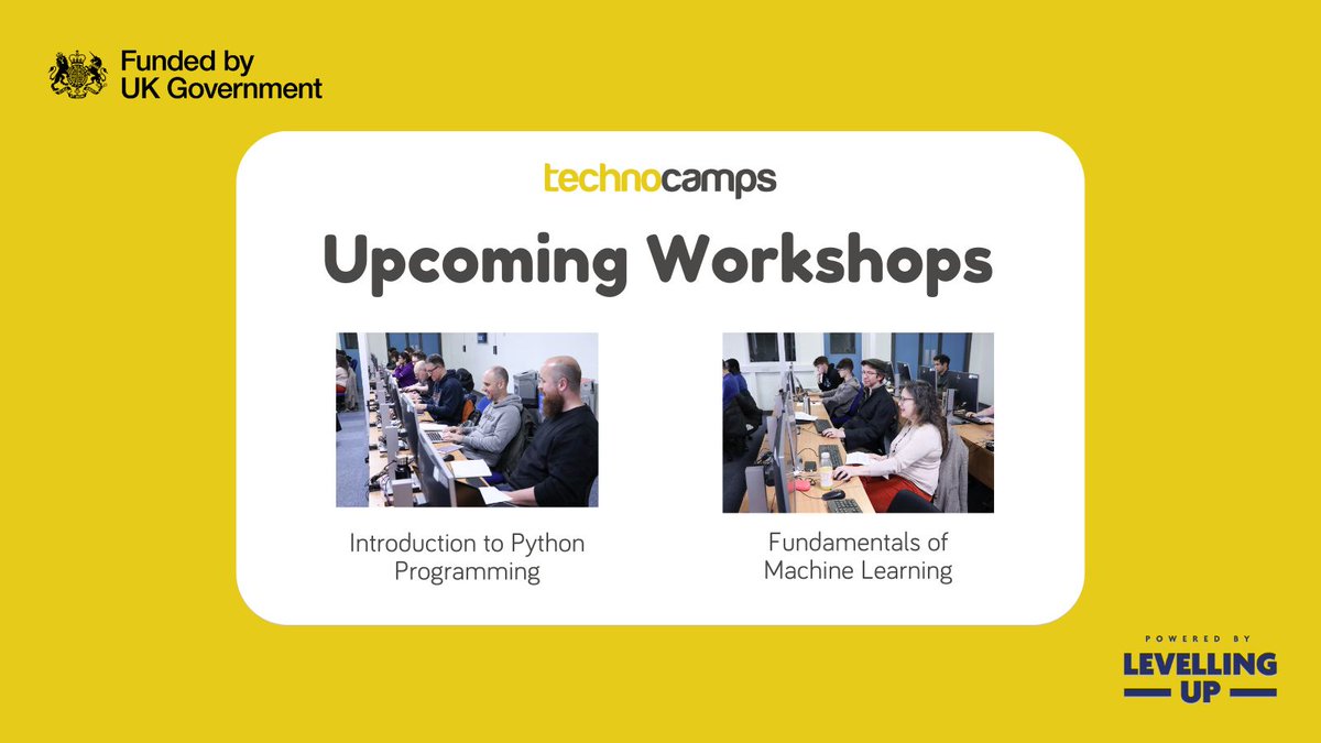 Do you want to learn about #PythonProgramming and #MachineLearning? Sign up for our new workshops! 🐍 Introduction to Python 📅 Thursday 16th May & 23rd May 🤖 Fundamentals of Machine Learning 📅 Starting May 31st, every Friday for 4 weeks 🔗ow.ly/Vbim50Rm0mT #UKSPF