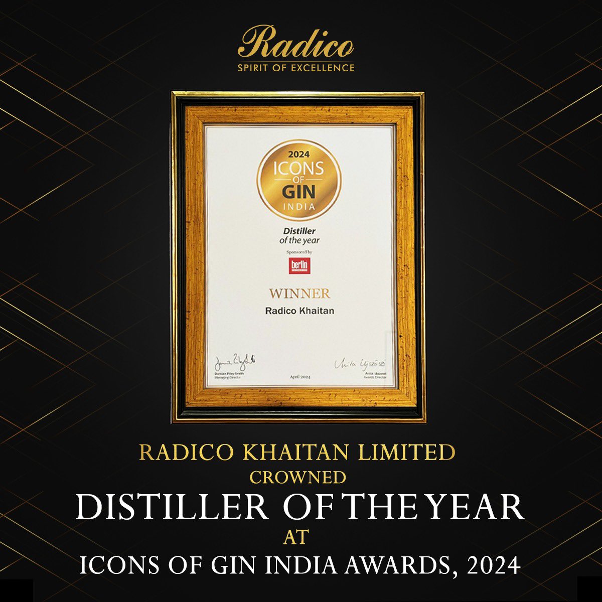We are excited to share that Radico Khaitan Limited sipped success and won the 'Distiller of the Year' at the prestigious Icons of Gin India, 2024. This year marked the 4th edition of the awards, where leaders from the industry came together to celebrate the finest. With more