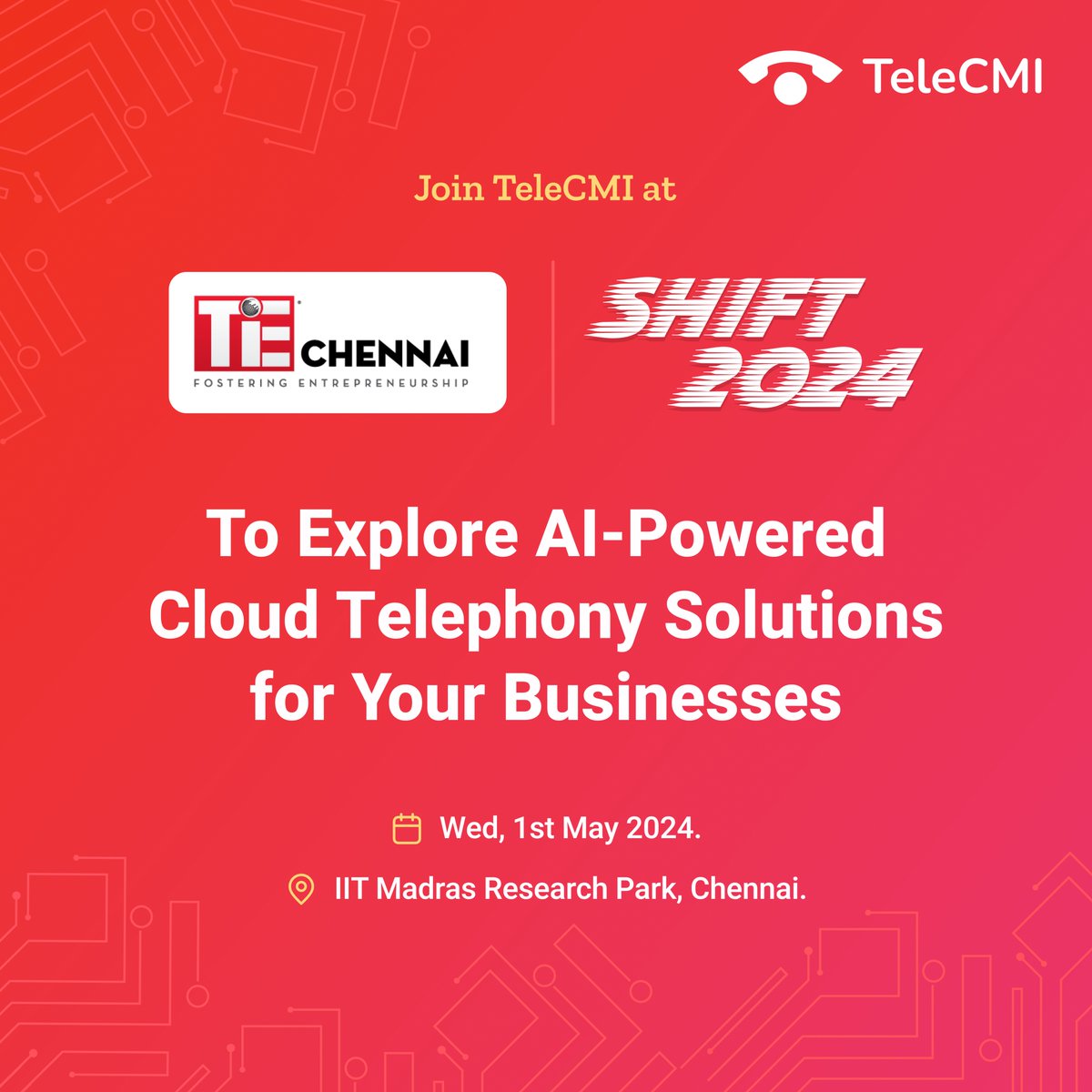 We are thrilled to be a part of the Shift 2024 Event.  Meet our incredible team and get to know more about the latest trends in the AI-powered cloud telephony solutions. 

#TeleCMI #TiECONChennai #TiECON2024 #tiechennai #tiecon #tieorg #tieconchennai2024 #entrepreneur #Event2024