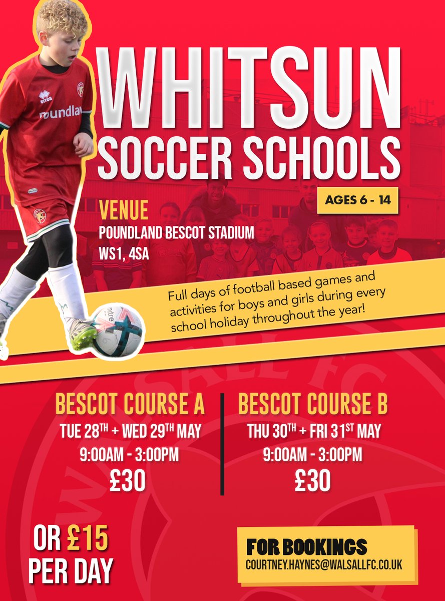 🥳 Bookings are now live for our Whitsun Soccer Schools! We have a 4 full days of football available to book during the May school break. To book on please email 👉 courtney.haynes@walsallfc.co.uk For more information please visit our website here 👉walsallfcfoundation.com/engagement/soc…