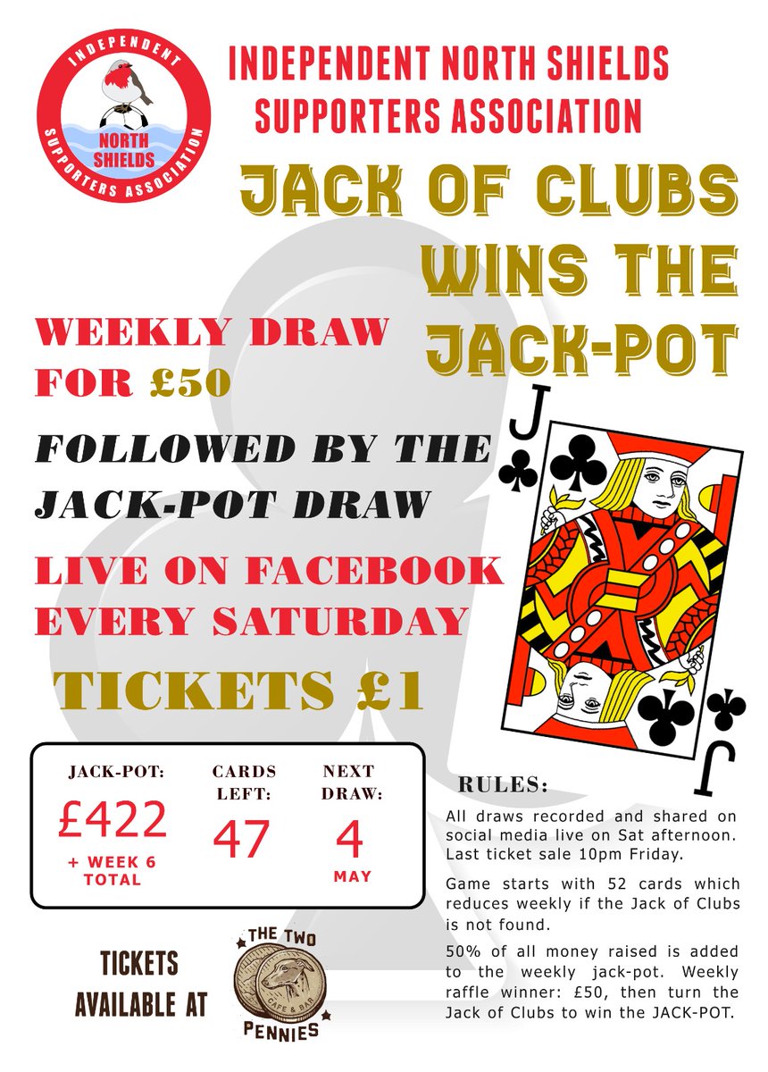 Remember our weekly ♣️𝙅𝘼𝘾𝙆-𝙋𝙊𝙏♣️ has soared to £422 and one lucky winner takes £50 weekly! Support INSSA's mission to fundraise for @NorthShieldsFC! Buy tickets at The Two Pennies and Chirton Social Club for just £1 for your chance to win! Fully licensed by @NTCouncilTeam