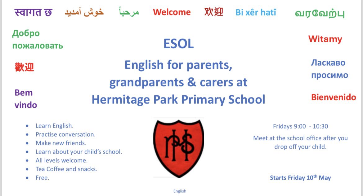 We are very excited to offer ‘ESOL’ English classes for Hermie Parents/Carers and Grandparents. If English is an additional language, come to our free English classes led by a trained tutor, from 10/5 09.00 at school. Lots of posters in different languages have been emailed.