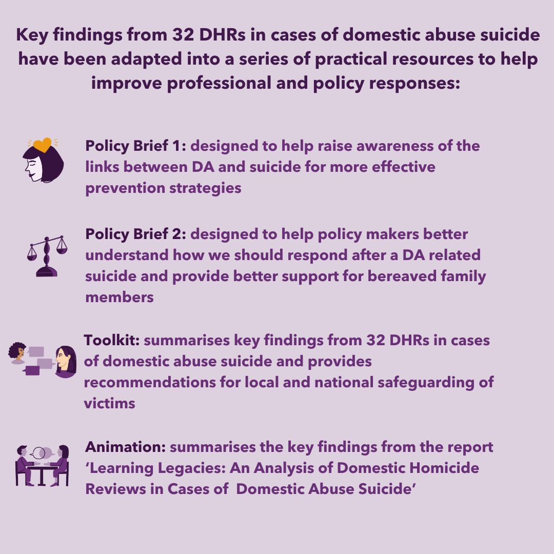 Today, the Learning Legacies research team are delighted to launch a suite of resources based on our report, published last year, on learning from Domestic Homicide Reviews conducted in cases of domestic abuse related suicide. All accessible here: aafda.org.uk/learning-legac…