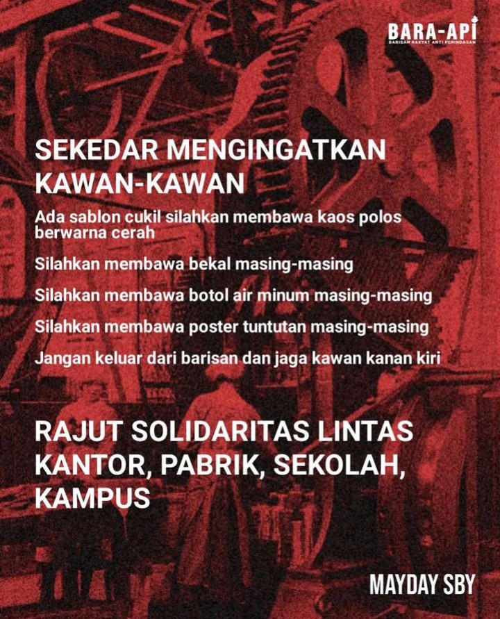 MAYDAY IS OUR DAY! Ingat oligarki sudah merebut dan menindas hak-hak kita, jangan diam! Tgl : 1 MEI 2024 | 09:00 Titik Kumpul : Taman Bungkul Titik aksi : Gedung Grahadi Ramaikan longmarch dan panggung rakyat, bawa poster aspirasimu #Mayday2024 #MaydaySurabaya2024