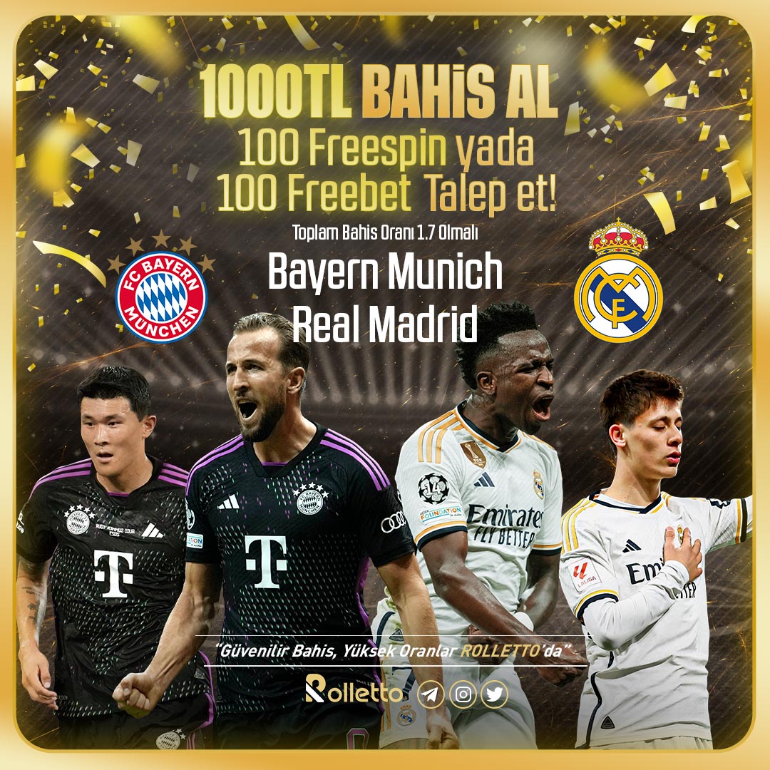 🔥 Bayern Munich - Real Madrid 🔥 💰Bayern Munich - Real Madrid maçına minimum 1.000TL bahis al, anında 100 Freespin ve ya 100 Freebet kazan! 🎁 Bu fırsatı kaçırmamak için hemen bahis yap ve hediyeni al! Rolletto Giriş: cutt.ly/e7GSjwB