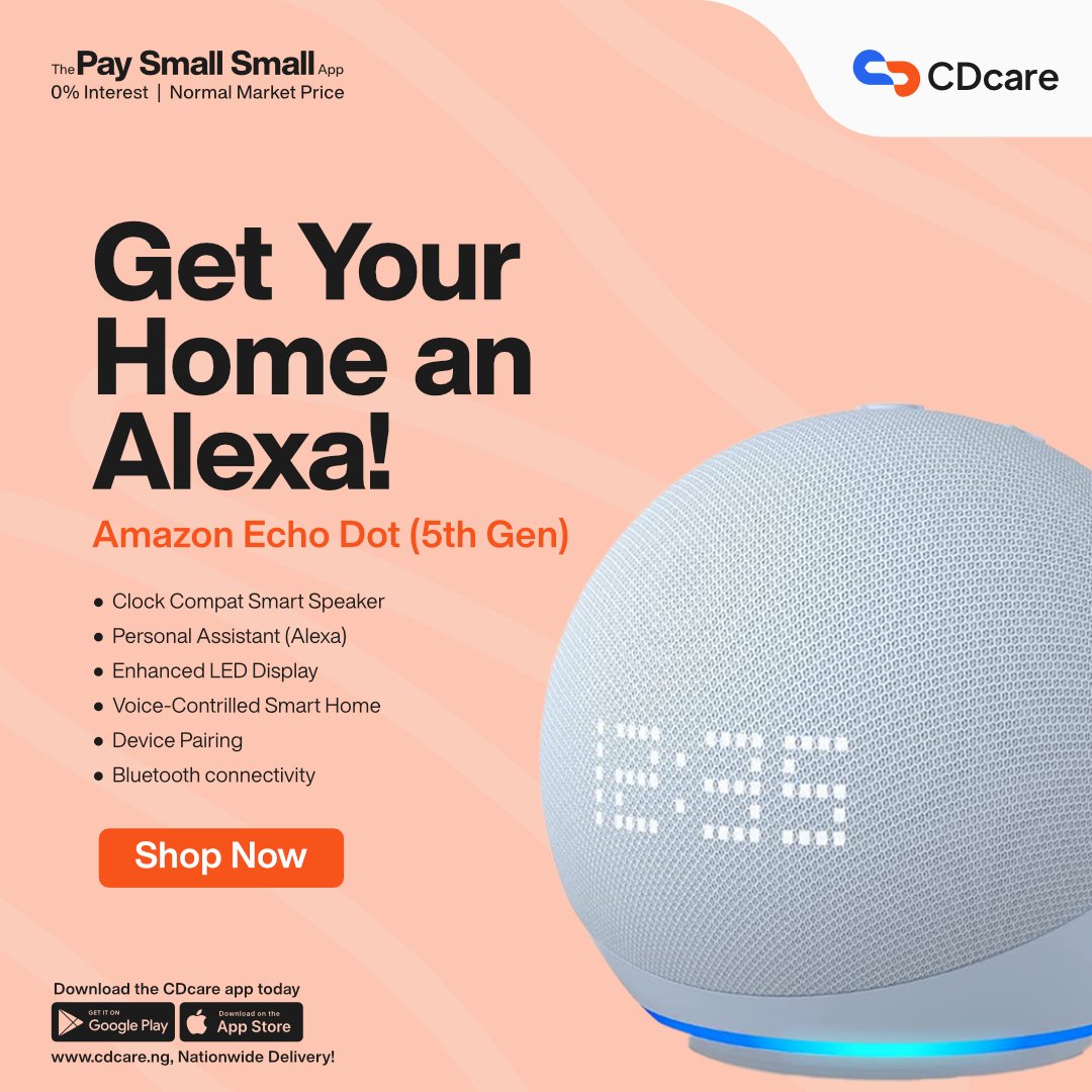 CDcareNG's tweet image. What do you think about having a smart home?

With Amazon Echo Dot, you can make your home smart, and guess what? It is top-notch and affordable.

Click on the link to yours now-cdcare.app/manyProducts/b…

#CDcarepaysmallsmall #Amazonechodot #Amazon