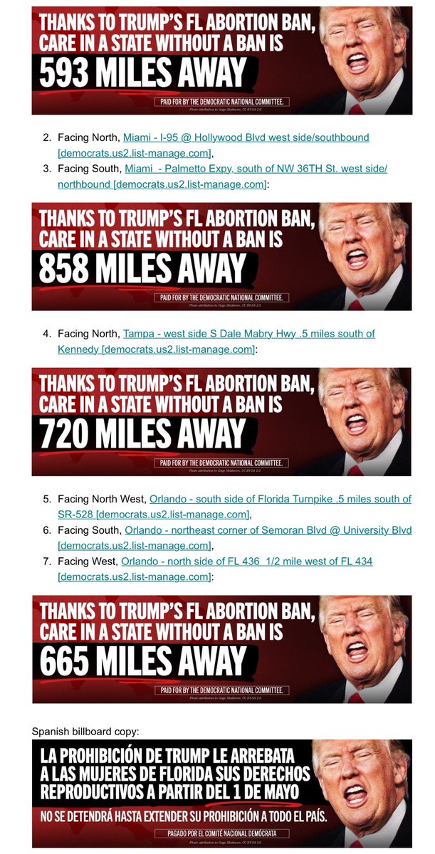 The @DNC launching billboards hitting former President Donald Trump for creating pathway to approval of Florida’s six-week abortion ban, which starts tomorrow. Will appear in “high-traffic sites in Gainesville, Miami, Tampa, and Orlando…”