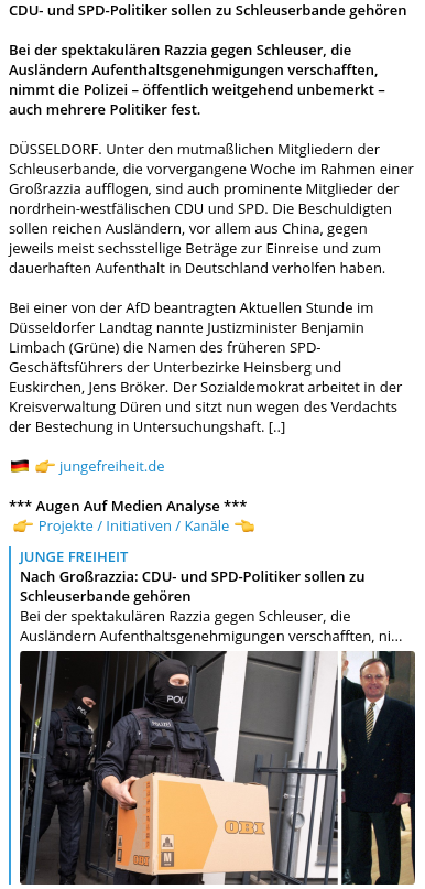 Nicht verwunderlich, daß wußten / vermuteten eh schon alle denkenden Menschen:
'#CDU- und #SPD-Politiker sollen zu #Schleuserbande gehören'
#niewieder #Altparteien #DeutschlandAberNormal #DeshalbAfD