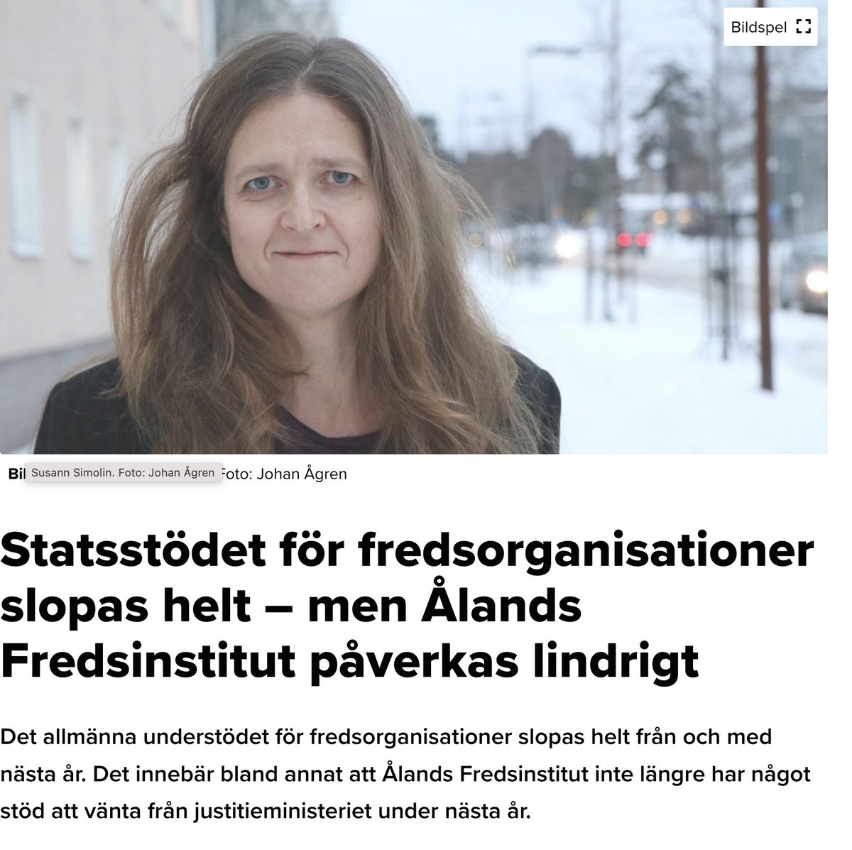 Ålands fredsinstitut (@fredsinstitutet) on Twitter photo Statsstödet för fredsorganisationer slopas helt nästa år. Hör vår direktör <a href="/SimolinSusann/">Susann Simolin</a> kommentera nyheten i <a href="/AlandsRadio/">Ålands Radio och TV</a> : alandsradio.ax/lyssna?nid=518…
<a href="/regeringen_ax/">Landskapsregeringen</a> Statsstödet för fredsorganisationer slopas helt nästa år. Hör vår direktör <a href="/SimolinSusann/">Susann Simolin</a> kommentera nyheten i <a href="/AlandsRadio/">Ålands Radio och TV</a> : alandsradio.ax/lyssna?nid=518…
<a href="/regeringen_ax/">Landskapsregeringen</a>