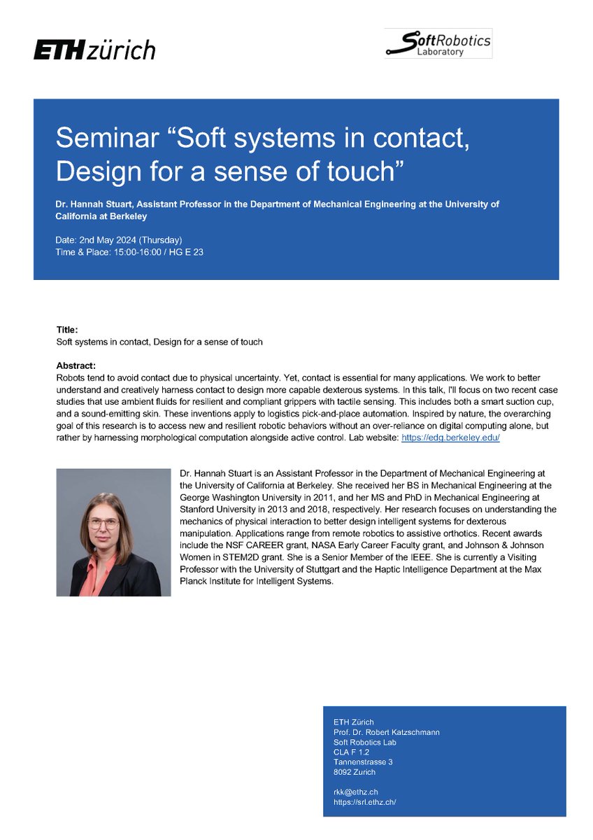 srl_ethz's tweet image. Save the date for "Soft systems in contact, Design for a sense of touch" by Dr. Hannah Stuart - on Thursday 2 May 2024 at 3:00pm in room HG E 23 srl.ethz.ch/soft-robotic-n… via @eth