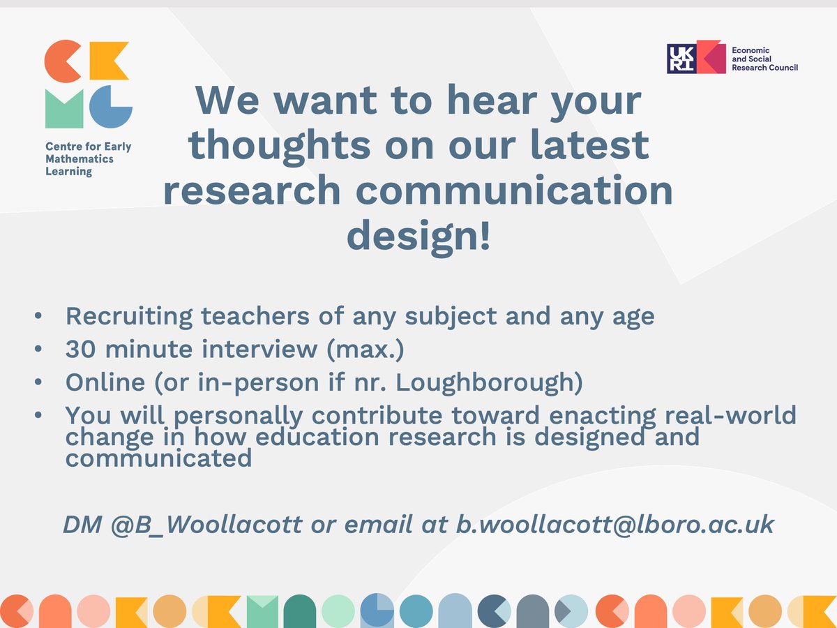 Bethany Woollacott @bethwoollacott.bsky.social (@b_woollacott) on Twitter photo Teachers! I need your thoughts on some research communication as part of a current <a href="/ceml_esrc/">ESRC Centre for Early Mathematics Learning</a> project with <a href="/DrSamSims/">Sam Sims</a> <a href="/colinfoster77/">Colin Foster</a> <a href="/mjinglis/">Matthew Inglis</a> <a href="/HugoLortie/">Hugues (Hugo) Lortie Forgues</a>
I'd like to speak to teachers of any subject and any age for 30 mins max. - please DM/email me if interested. Thank you! Teachers! I need your thoughts on some research communication as part of a current <a href="/ceml_esrc/">ESRC Centre for Early Mathematics Learning</a> project with <a href="/DrSamSims/">Sam Sims</a> <a href="/colinfoster77/">Colin Foster</a> <a href="/mjinglis/">Matthew Inglis</a> <a href="/HugoLortie/">Hugues (Hugo) Lortie Forgues</a>
I'd like to speak to teachers of any subject and any age for 30 mins max. - please DM/email me if interested. Thank you!