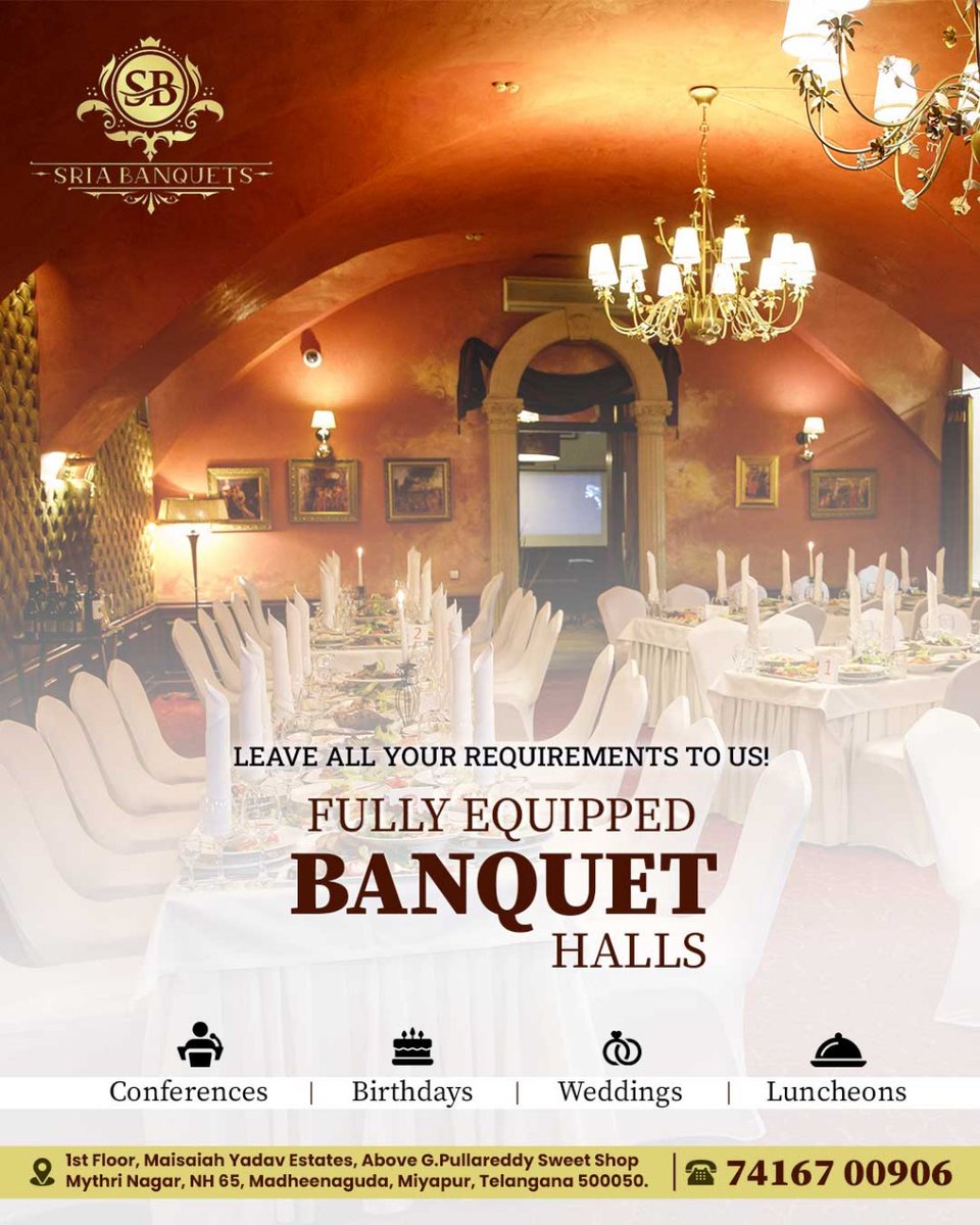 From intimate gatherings to grand celebrations, our fully equipped banquet halls are ready for any event. Leave all your requirements to us, and we'll make it memorable!

#BanquetHalls #sriabanquets #madinaguda #miyapur #EventPlanning #EventVenues #StressFreeEvents #AllInclusive