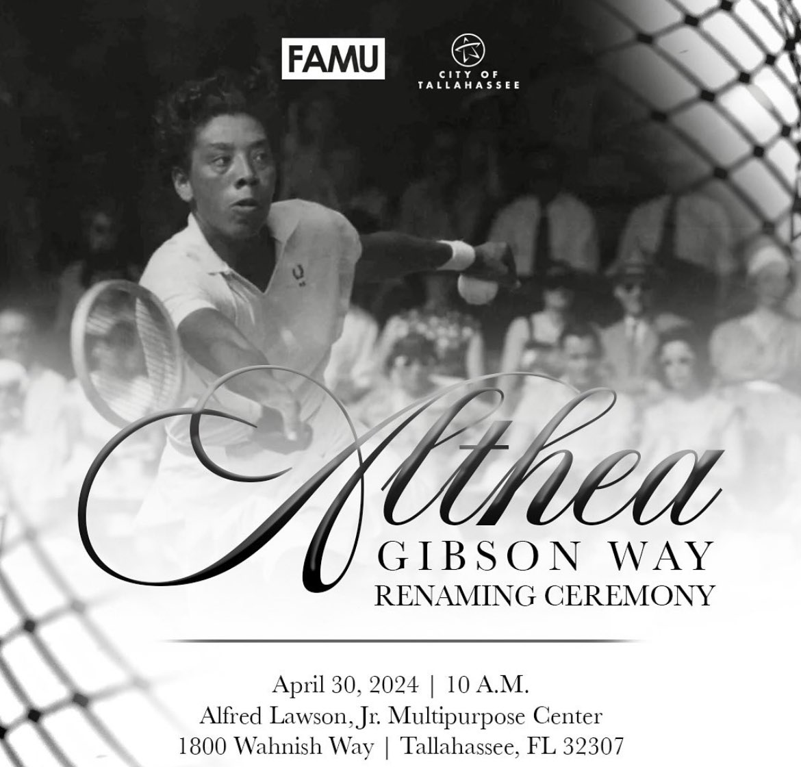 #FamuEvents 🎾 The City of Tallahassee will honor the late Florida A&amp;M University (FAMU) alumna Althea Gibson with unveiling Althea Gibson Way (formerly Wahnish Way) @cityoftlh 

Join the FAMUly and Tallahassee Community today at 10 a.m at the Al Lawson Multipurpose Center.