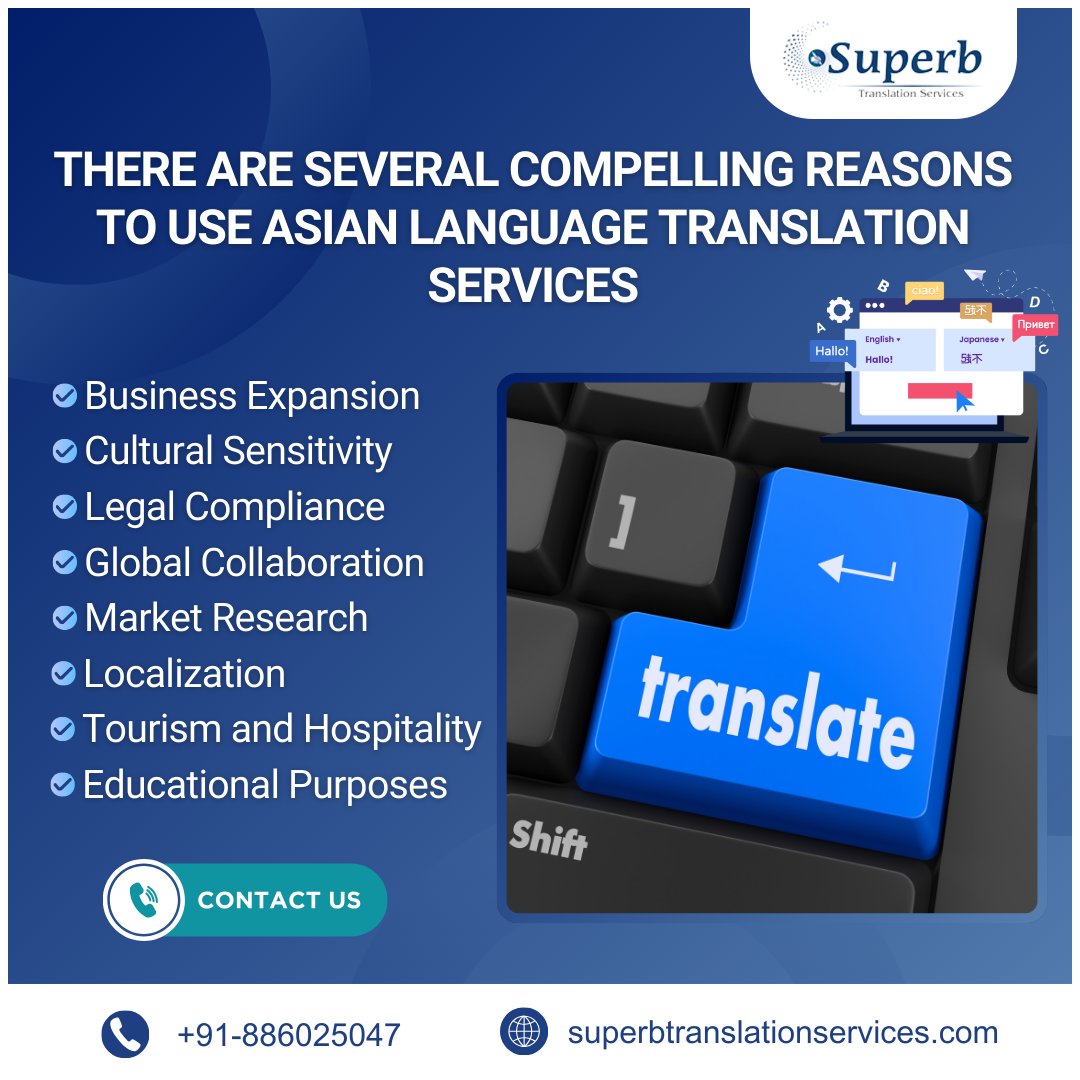 Explore endless possibilities with Superb Translation Services! we've got you covered for all your Asian language translation needs.

🌐superbtranslationservices.com
📞 +91- 8860025047

#Asianlanguage #asianlanguages #Translation #TranslationServices #services #translationagency