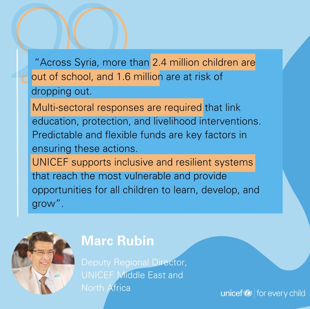 Support to education📚 and learning 👩🏽‍🏫must remain a priority for the international community, even after 13 years of crisis in #Syria. 📢@MrMarcRubin @UNICEFmena Deputy Regional Director on the education in emergency at the #SyriaConf2024 Day of Dialogue👇