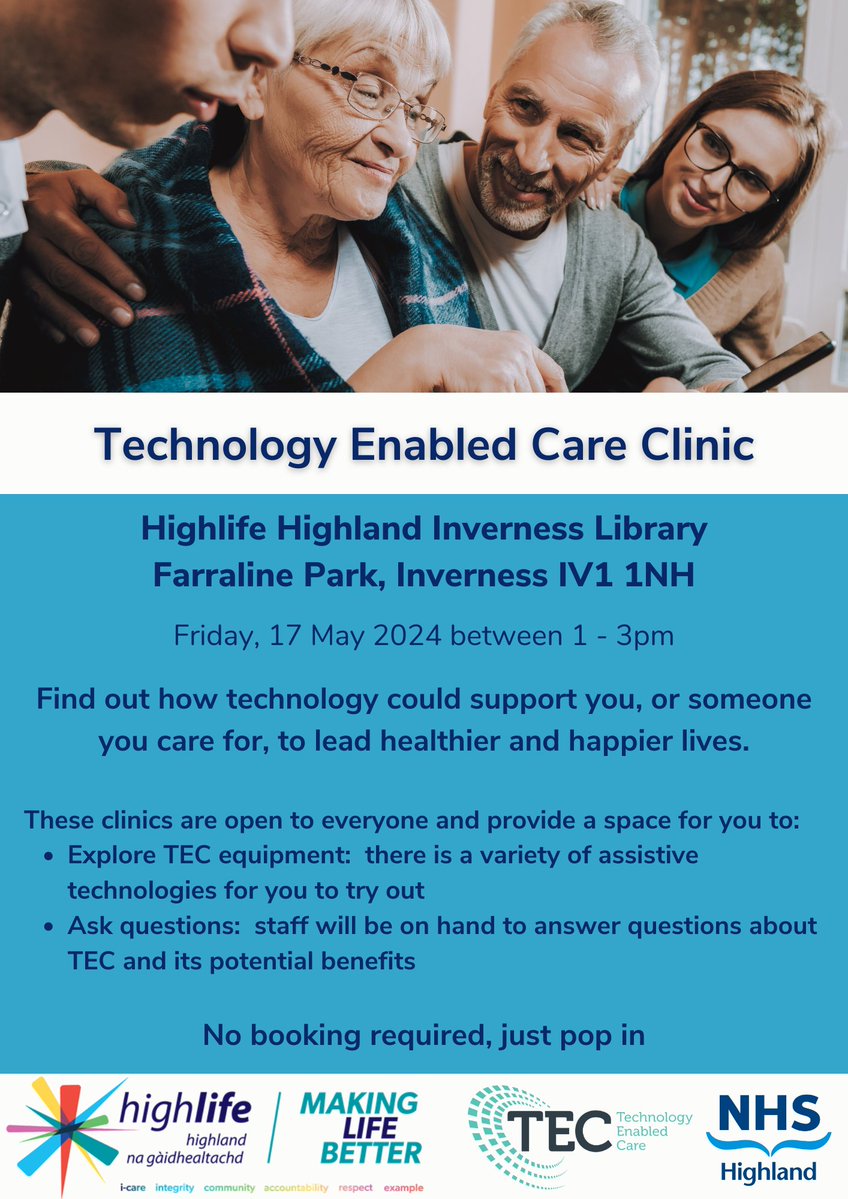 TEC Clinics are coming to Inverness @hlhlibraries See how technology can help you lead a healthier & happier life. There will be equipment demos, interactive play, and plenty of staff on hand to answer any questions. #DigitalInclusion #CommunityOutreach #DigitalDropIn