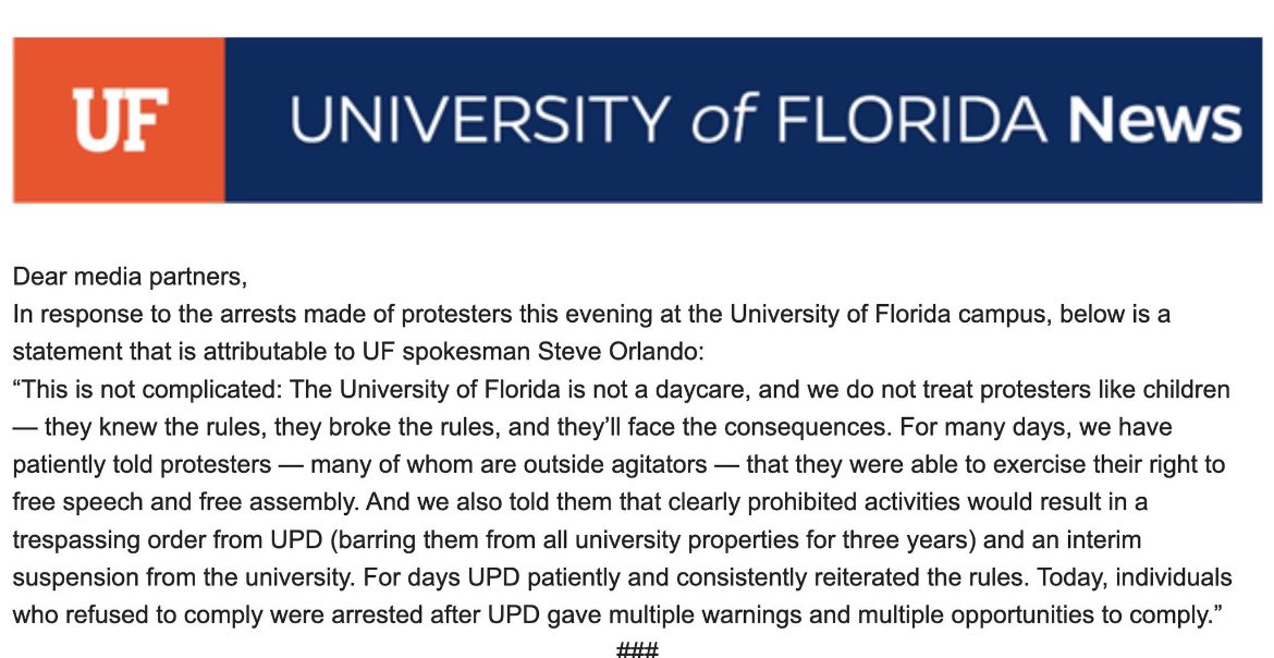 “The University of Florida is not a daycare … they knew the rules, they broke the rules, and they’ll face the consequences.” Bravo UF