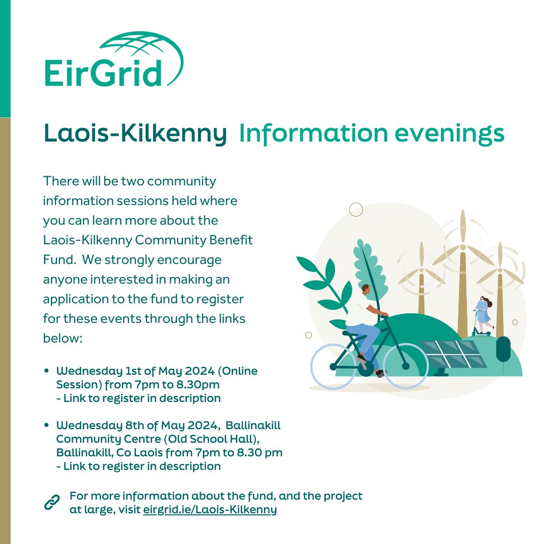 📢 We're hosting a community information evening online on Wednesday 1st May. ℹ️ For anyone interested in applying for, or learning more about phase two of our Laois-Kilkenny Community Benefit Fund, register for this free information event here: eventbrite.ie/e/eirgrids-lao…