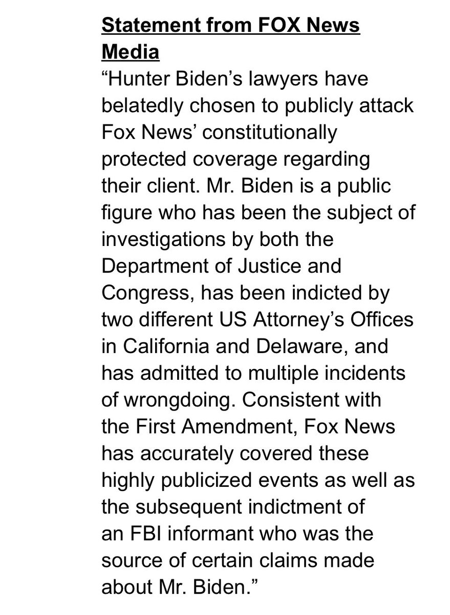 Fox News rejects Hunter Biden’s calls to retract its coverage of unsubstantiated allegations of bribery schemes - says it offered “constitutionally protected coverage”