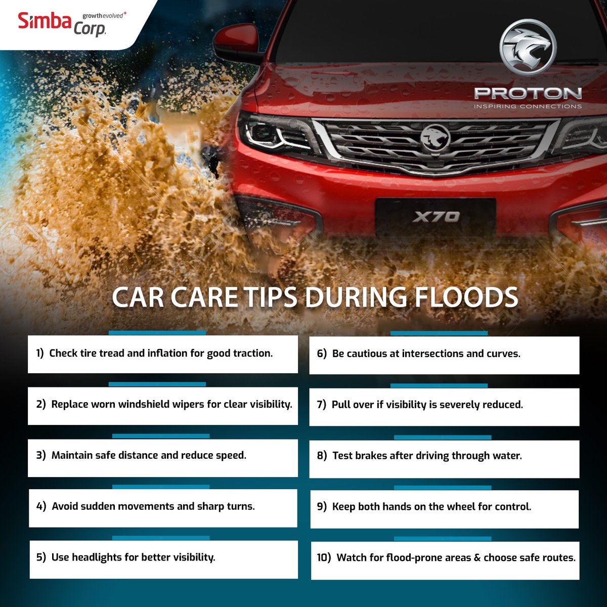 Navigate floods like a pro with our Proton car care tips! Be prepared if you are caught driving through waterlogged roads and ensure you can safely drive when the rain pours. Your safety is our priority. 

#protoncares #flooding #drivesafe