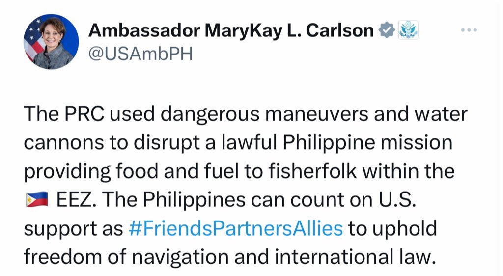 THREAD: Countries reacting on the latest incident in Scarborough Shoal

United States 🇺🇸 Ambassador MaryKay Carlson says the Philippines can count on the U.S. in upholding international law and freedom of navigation