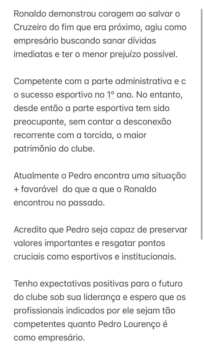 Gratidão @Ronaldo sua contribuição foi inestimável ao @Cruzeiro … ao Pedro Lourenço desejo todo sucesso do mundo 🦊💙