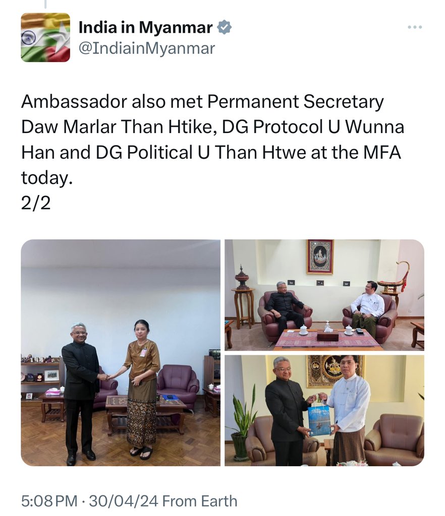 India’s new ambassador to #Myanmar, Abhay Thakur, met & presented his credentials to the coup regime’s deputy PM and foreign minister, Than Swe, in #Naypyitaw today. Also met other SAC foreign ministry officials. (1/2)