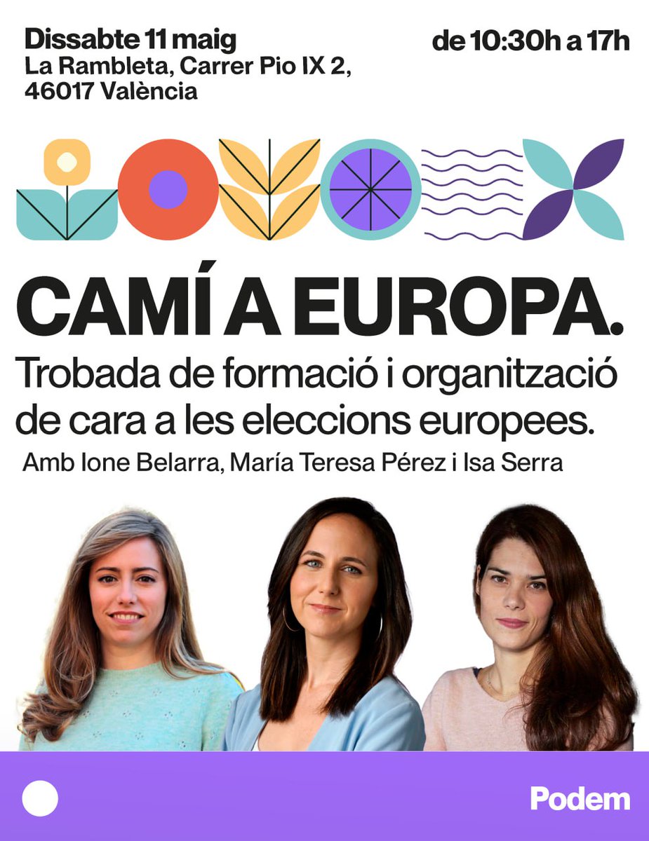 🟣 El dissabte 11 de maig a ens veiem a València al costat de @ionebelarra, @m_tere_perez i @isaserras en la trobada de formació i organització de cara a les eleccions Europees. Reserva la data, t'esperem! 📍 La Rambleta, València 🗓️ Dissabte 11 maig ⏰ 10:30H a 17:00H