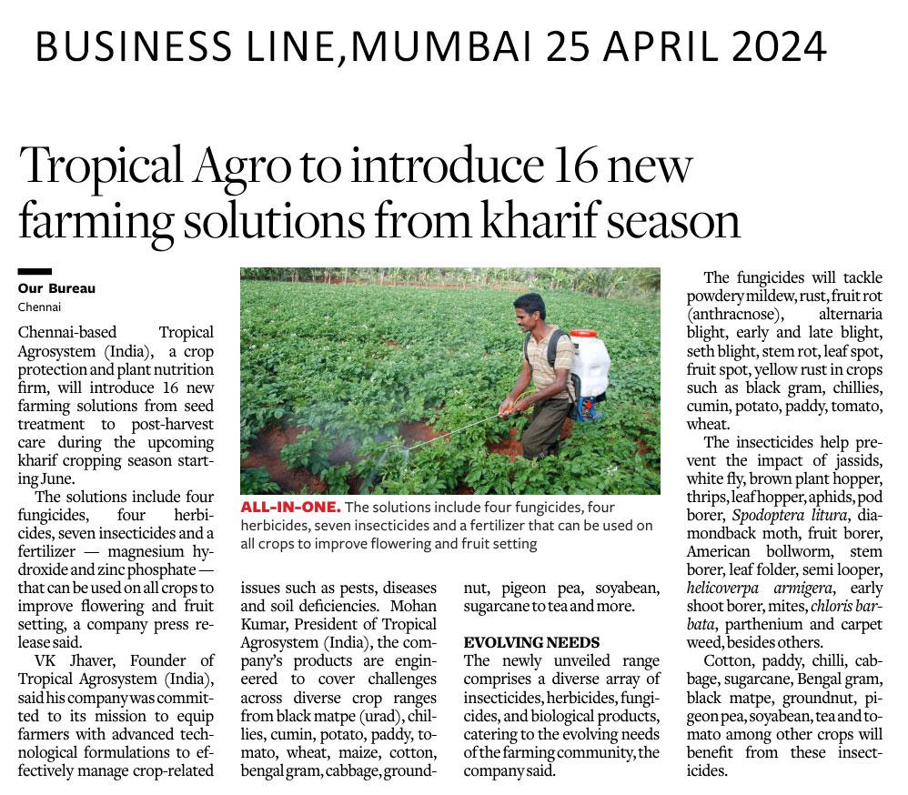 We want to express our sincere appreciation to The Hindu BusinessLine for showcasing our latest product launch. Your commitment to highlighting advancements in agriculture is truly admirable. Thank you for sharing our journey! #TropicalAgro #NewProducts #Kharif #FarmingSolution